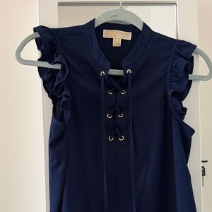 Michael Kors Navy Sleeveless Lace-Up Ruffle Top